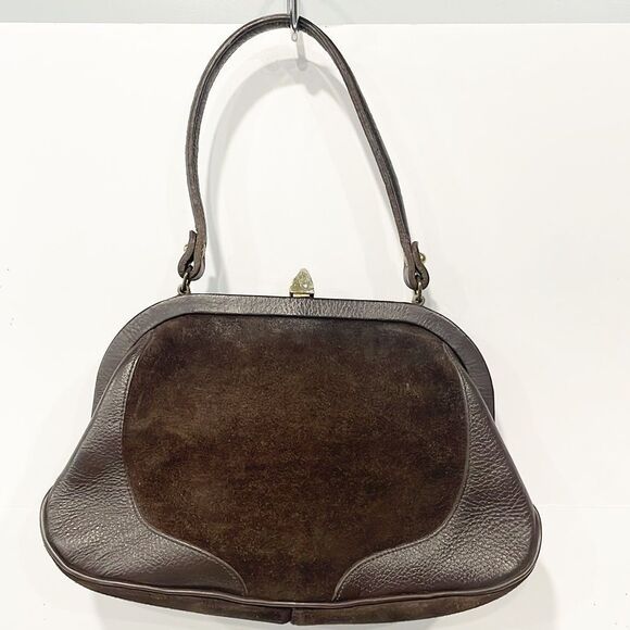 Roger Van S Gold Medallion‎ Vintage Genuine Suede Bag Baguette Brown Retro - Picture 3 of 12